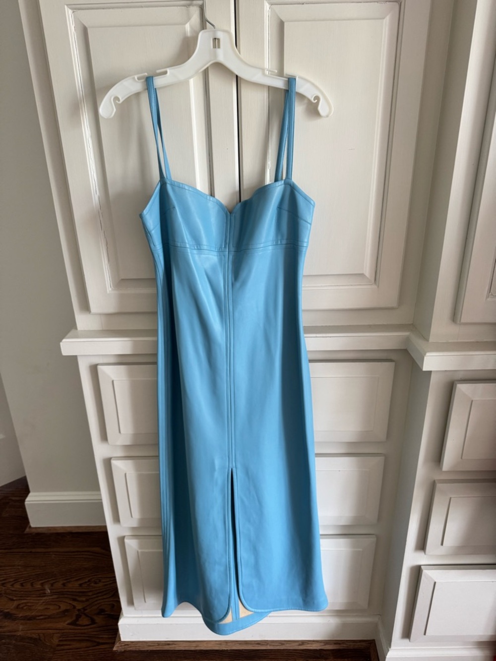 Alexis Sky Blue Spaghetti-Strap Faux Leather Midi Dress